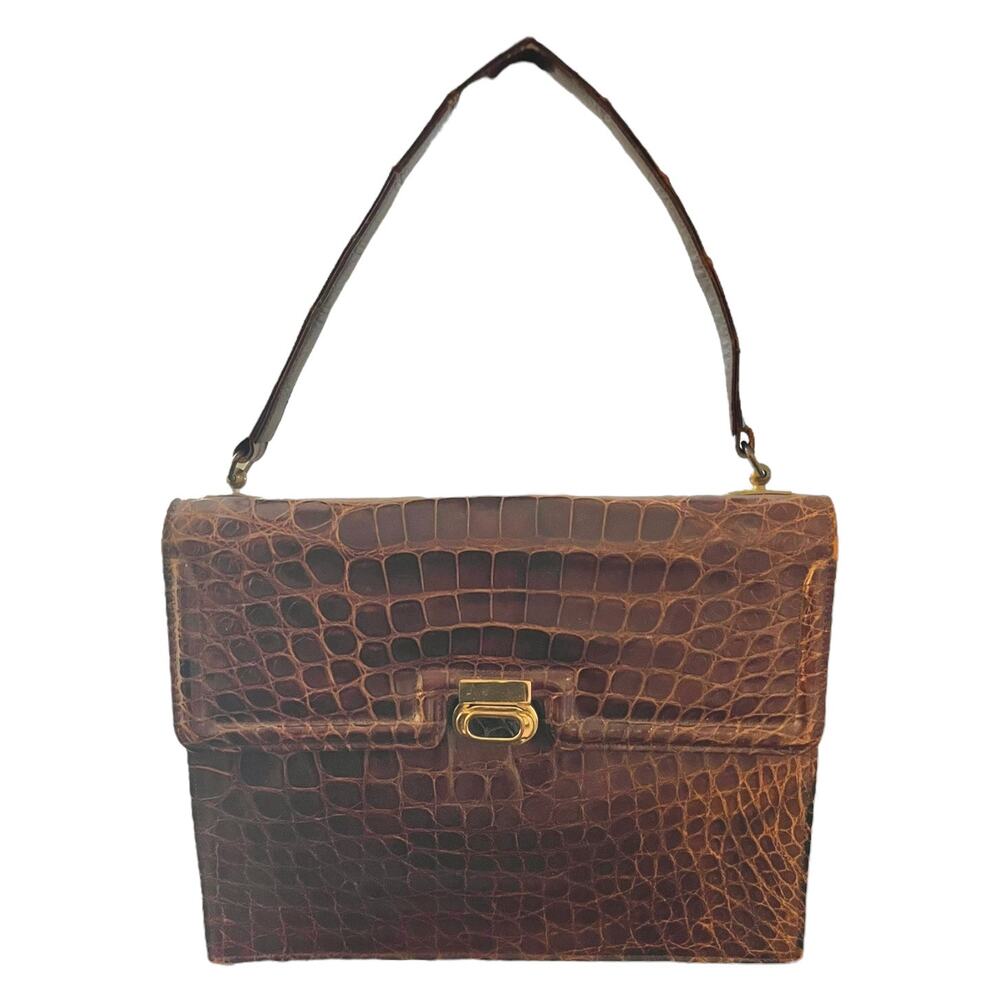 Vintage Brown Crocodile Shoulder Bag 60s Saks Fifth Avenue Gold Hardware